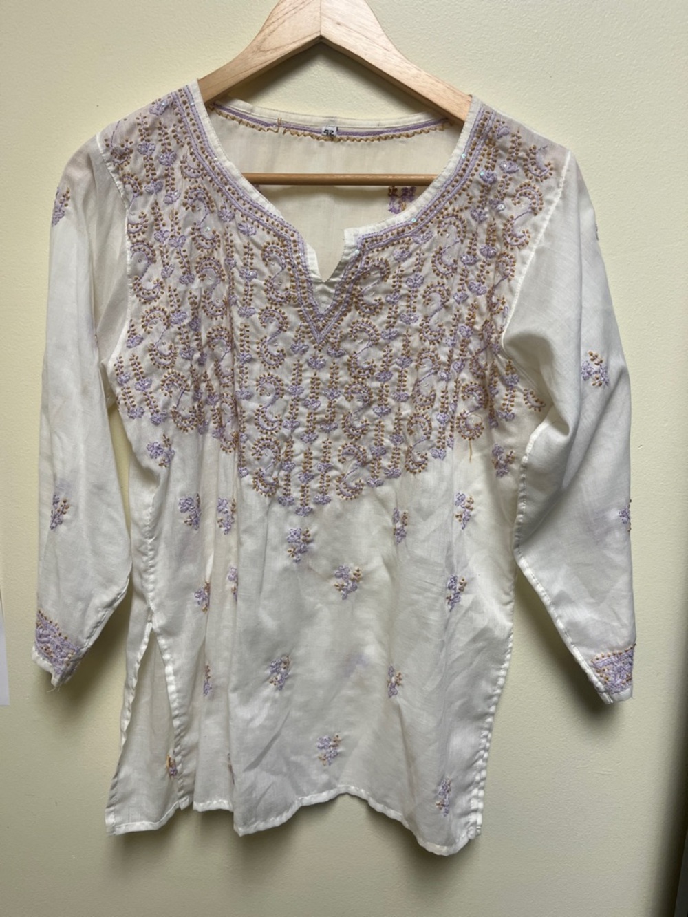 Handmade natural materials Embroidered Ivory Women's Tunic Top with Lilac Detail